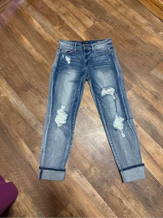 Judy Blue Denim - Judy Blue Distressed Light-Medium Blue Boyfriend Jeans with Roll Cuffs